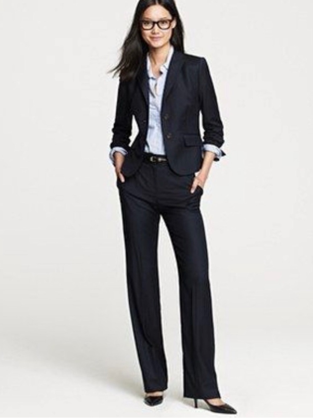 J Crew Women's Dark Navy Pinstripe Super 120s Wool Two-Piece Suit Pants & Blazer